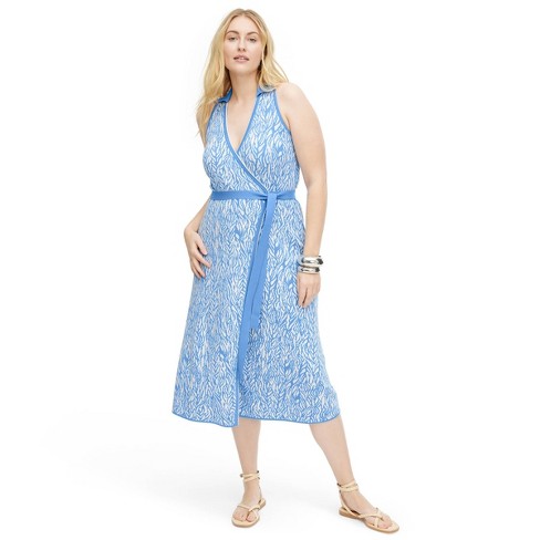 Women's Collared Sleeveless Sea Twig Blue Sweaterknit Midi Wrap Dress ...