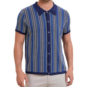 INSPIRE CHIC Men's Striped Knitted Summer Short Sleeves Button Down Jacquard Polo Shirts - 1 of 4