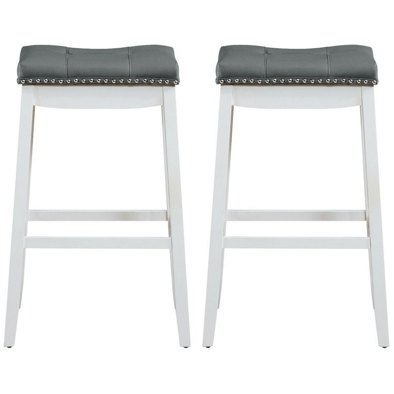 Costway Set of 2 Nailhead Saddle Bar Stools 29'' Pub Chairs with Rubber Wood Legs Brown/White, 5 of 10