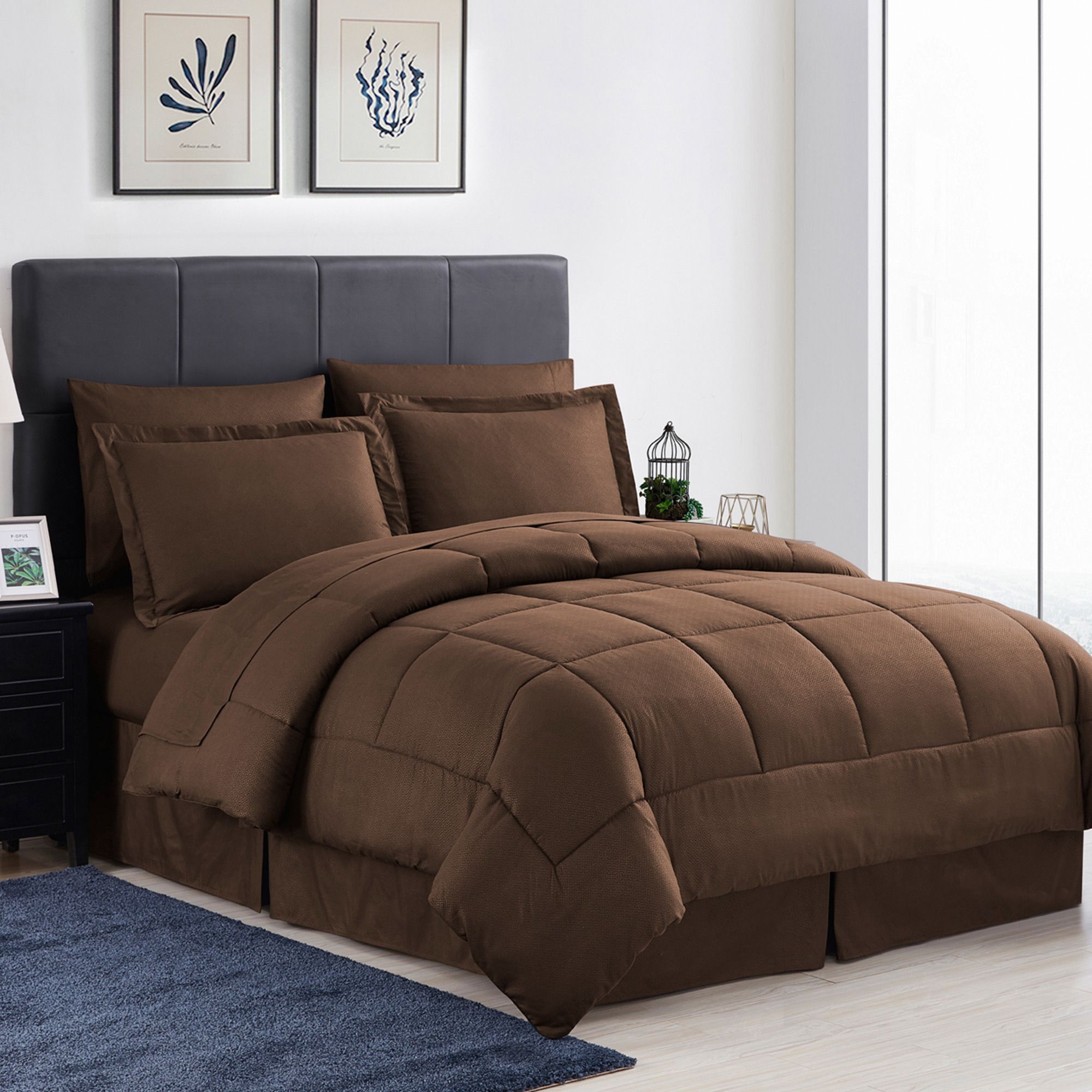 8 Piece Embossed Bed in a Bag All Season Complete Bedding Set - Greek Key, King - Chocolate