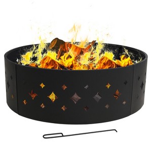 Sunnydaze Outdoor Heavy-Duty Steel Portable Large Round Diamond Cut Out Fire Pit Ring with Log Poker - 36" - Black - 1 of 4