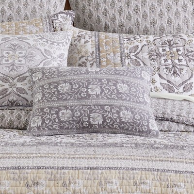 Grey Quilted Floral Stripe Block Pillow 14x18