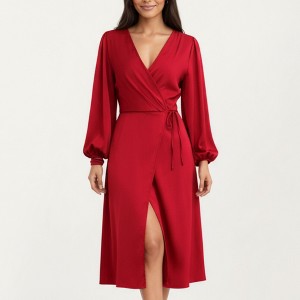 Anna-Kaci Women's Long Sleeve Wrap Midi Dress with V-Neckline and Side Tie Waist - 1 of 4