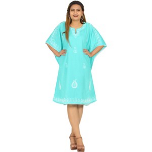 LA LEELA Women's House Daily Routine Evening Wear Loungewear Casual Ladies Bikini Kaftan Tunic Vacation Coverup Mini Caftan for Women 2X-3X Blue Solid - 1 of 4