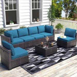 Patio Funiture Set 7 Pieces Outdoor Rattan with Detachable Soft Cushions Patio Conversation Sets Waterproof Patio Sectional Sofa with Glass Top Table - 1 of 4