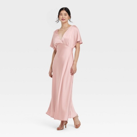 Женские платья A New Day Women's Satin Flutter Short Sleeve Maxi A-Line Dress - A New Day™ Tan M: Deep V Neck, Back Tie, Woven Fabric