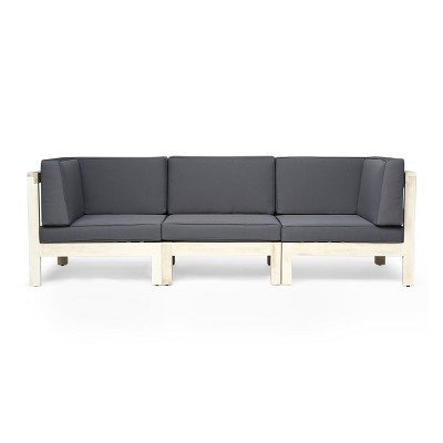 GDFStudio Cascada Outdoor Acacia Wood Modular 3 Seater Sofa with Cushions, Light Gray/Dark Gray