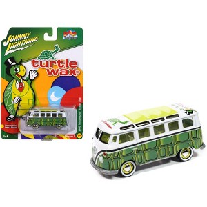 1965 Volkswagen Samba Bus "Turtle Wax" White and Green w/Graphics "Pop Culture" 2025 1/64 Diecast Model Car by Johnny Lightning - 1 of 3