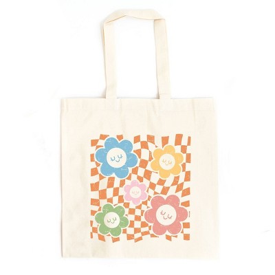 City Creek Prints Checkered Flowers And Smiley Canvas Tote Bag - 15x16 - Natural