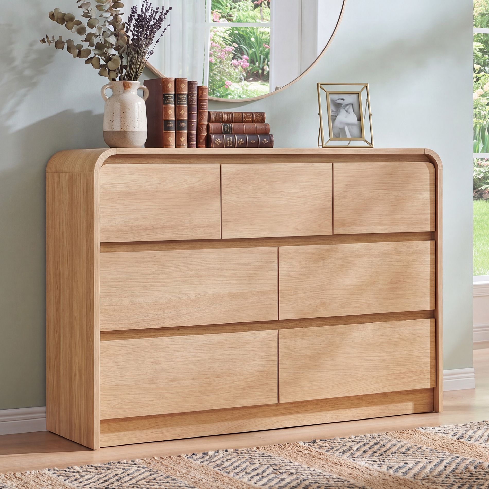 SinCiDo Modern 7 Drawers Dresser 47" Wide Chests of Drawers w/ Curved Profile Design Natural Texture for Bedroom, Living Room, Natural