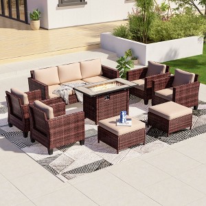 Sonkuki 8 Pieces Patio Sofa with Rectangle Fire Pit Table and Ottomans, Wicker Conversation Couch, Light Gray Cushion - 1 of 4