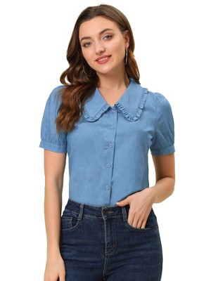 Allegra K Women's Chambray Peter Pan Collar Puff Sleeve Vintage Blouse