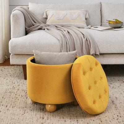 KTMBDW Round Ottoman Foot Stool with Storage and Wood Legs, Flannel (Linen) Upholstered Footrest Stool Modern Padded Ottoman Coffee Table for Bedroom