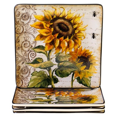 10.5" 4pk Ceramic Square French Sunflowers Dinner Plates - Certified International