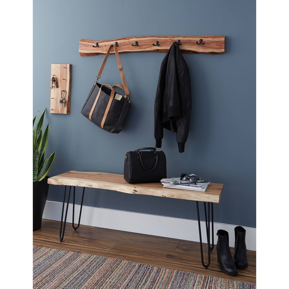 Photos - Pouffe / Bench 48" Hairpin Live Edge Wood Bench with Coat Hook Set Natural - Alaterre Furniture