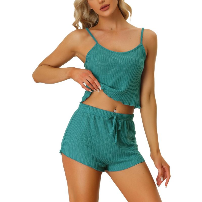 cheibear Women's Knit Spaghetti Strap Cami Tops Shorts Lounge pajama Set, 1 of 6