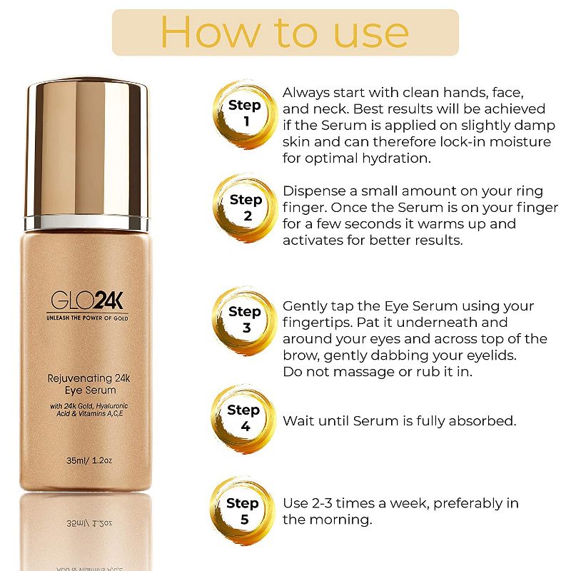 GLO24K Eye Serum With 24k Gold, Hyaluronic Acid, And Vitamins A, C, E Potent Formula For Delicate Skin Around The Eyes, 4 of 6