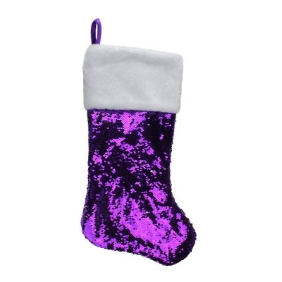 Northlight 23.25" Purple and Silver Reversible Sequined Christmas Stocking with Faux Fur Cuff
