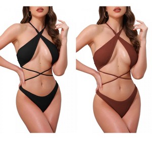 INSPIRE CHIC Women's Criss Cross Backless Ribbed Strappy Top Triangle Bottom Swimwear Bikini Suits 2 Sets - 1 of 4