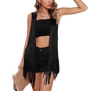 Women Sleeveless Open Front Faux Suede Vest With Floral Laser Cut