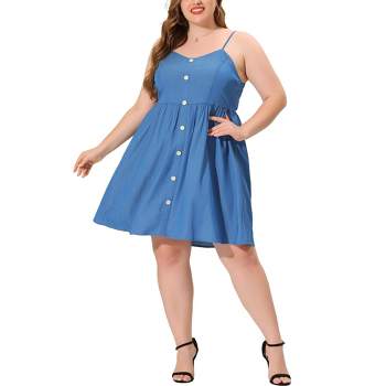 Agnes Orinda Women's Plus Size Casual Button Down Sleeveless Summer Strap Smocked Back Chambray Sundresses