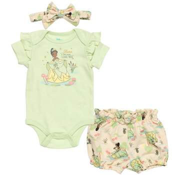 Disney Princess Ariel Belle Tiana Baby Girls Bodysuit Bubble Shorts and Headband 3 Piece Outfit Set Newborn to Infant