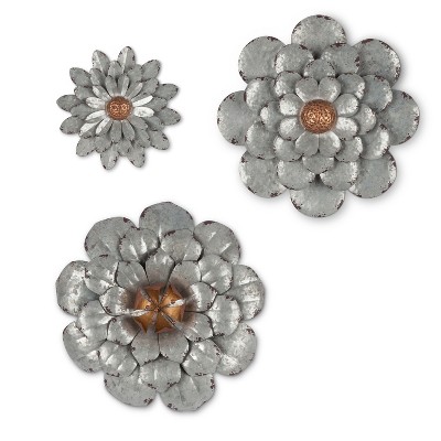 Lone Elm Studios Assorted, Handmade Galvanized Metal Wall Flowers with Rustic Silver Petals and Bronze Center (Set of 3)