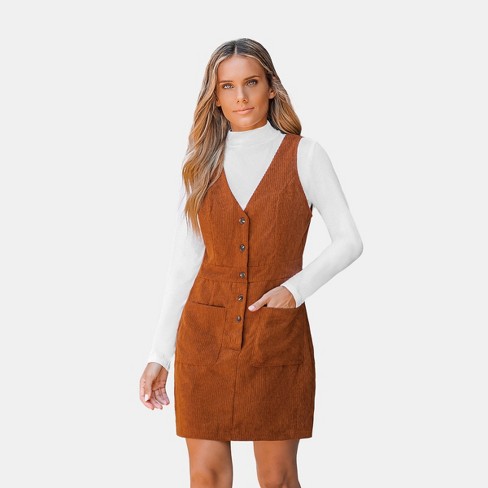 Women s V Neck Buttoned Pinafore Dress Cupshe XS Brown