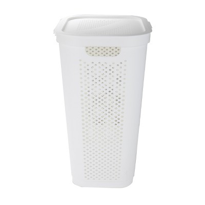 White Plastic Collapsible Upright Laundry Hamper with Lid