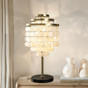 ALOADECOR 3-Light 28'' Modern Coastal Aged Brass Natural Capiz Shell Tiered Table Lamp With Black Marble Base Glam For Girls Room Living Room Bedroom - 1 of 4