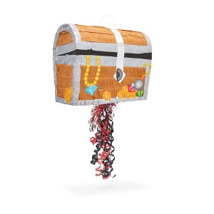 Blue Panda Treasure Chest Pinata - Pull String Pirate Themed Pinata, Adventure Themed Party Decoration (Small, 12x10x6.5 In) - 1 of 4