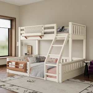KWPZQEB Bunk Bed, Wooden Bunk Bed w/ Ladder & Safety Guardrails, Pegboard & Bookshelf, Floor Bunk Bed, No Box Spring Needed - 1 of 4