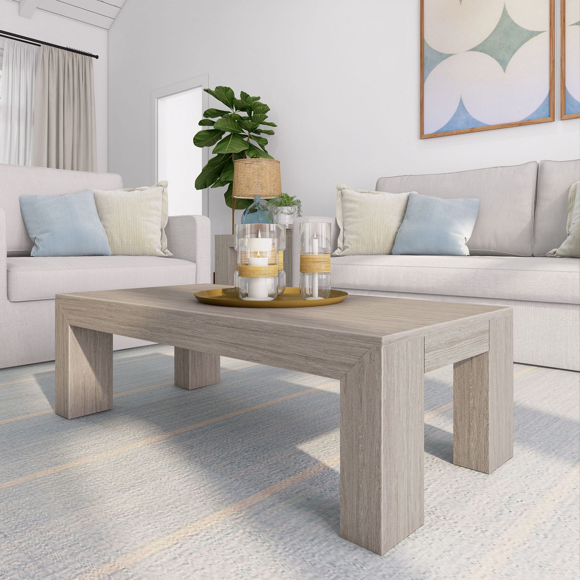 Plank+Beam Solid Wood 48" Modern Coffee Table for Living Room, Seashel Wirebrush