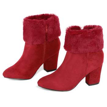 Allegra K Women's Cute Faux Fur Chunky Heel Ankle Boots