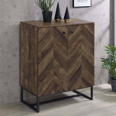 Rustic Oak and Gunmetal Herringbone Accent Cabinet with Adjustable Shelving
