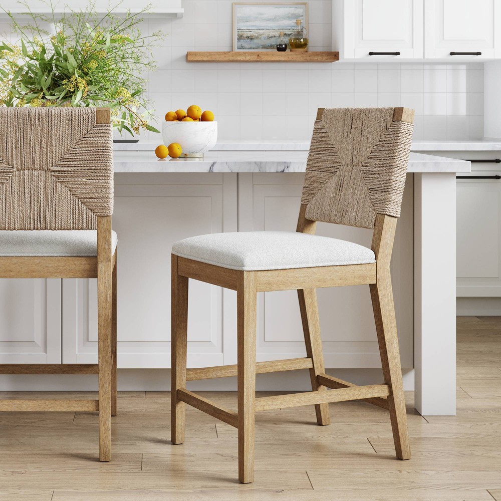 Nathan James Beacon Counter Height Barstool Seagrass Cream Boucle: Woven Backrest, Rubberwood Frame