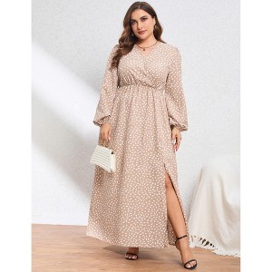 Coolmee Women Plus Size Crossover V Neck Long Sleeve Hem Slit Ruffle Flowy Maxi Wedding Guest Vacation Dress - 1 of 4