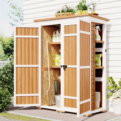 VYNXARIA Outdoor 5.5ft*4.1ftWood Storage Shed,Garden Tool Cabinet with Four Lockable Doors,Multiple-tier Shelves,Natural