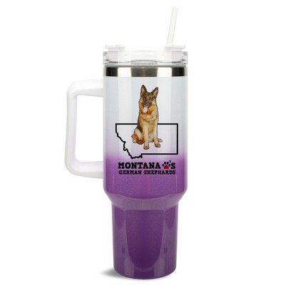 Elanze Designs The Treasure State Montana Loves German Shepherds Purple and White Double Wall Stainless Steel Insulated Travel Tumbler with Lid and
