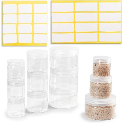 Juvale 12 Packs Clear Round Plastic Jars with Lids and White Labels, 3 Sizes