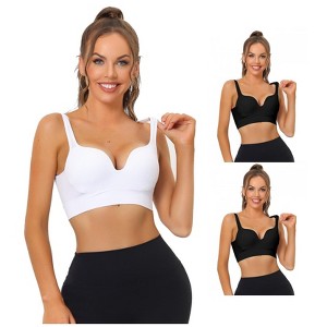 Allegra K Women's Medium Impact Workout Wireless Padded Deep V Neck Fitness Sports Bras 3 Packs - 1 of 4