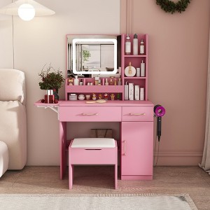 Hrinhom 33.5"W Vanity Desk with LED Mirror Lights and Power Outlet Charging Station - 1 of 4
