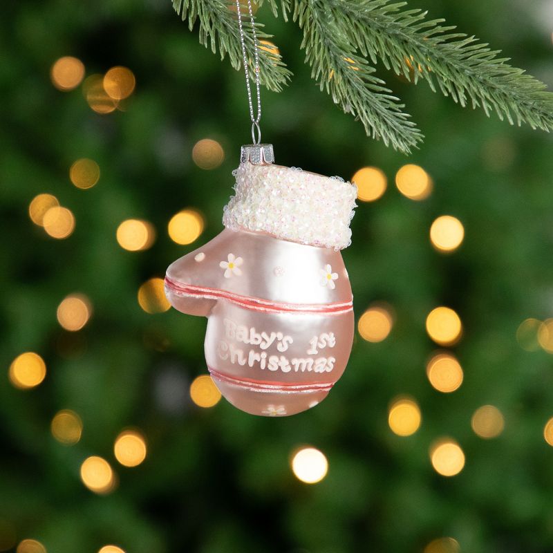 Northlight 4" Baby's 1st Christmas Pink Mitten Glass Ornament, 2 of 6