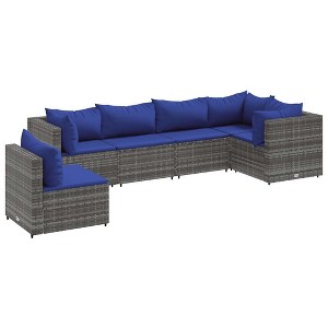 vidaXL 6-Piece Patio Lounge Set - Gray Poly Rattan, Outdoor Garden/Backyard/Patio - Dark Blue Cushions, Modular Design - 1 of 4