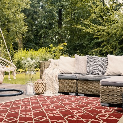 Terracotta and Beige Square Synthetic Indoor/Outdoor Area Rug
