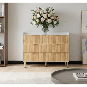 6-Drawer Dresser with Storage Rail, MDF Frame White & Natural Wood Finish, Gold Metal Legs - 1 of 2