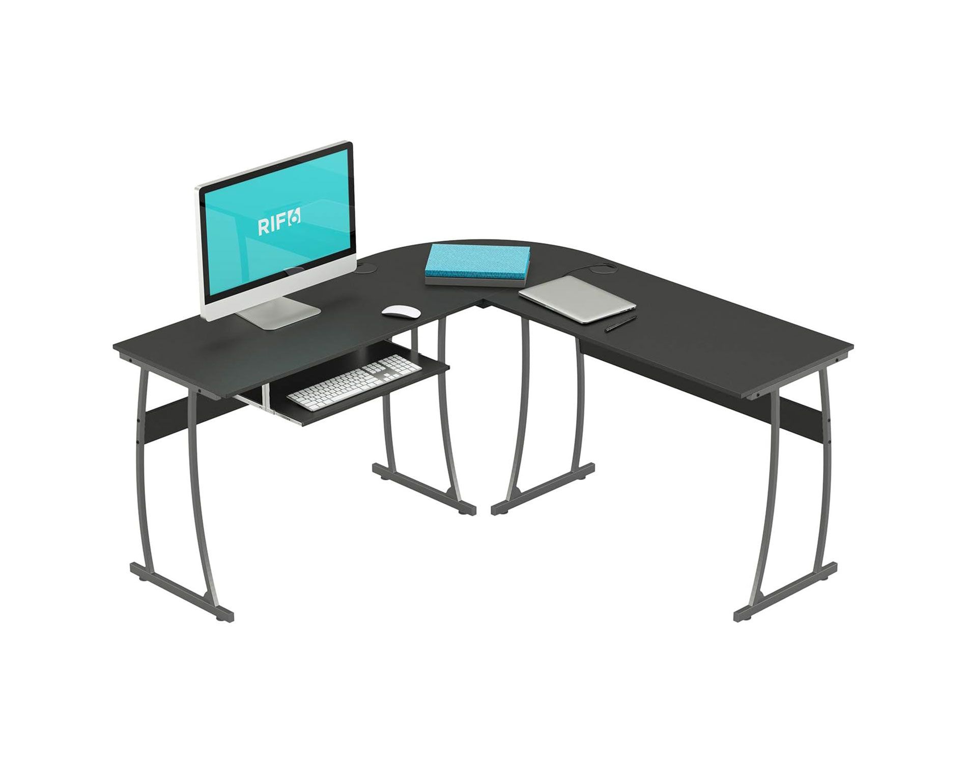 RIF6 L Shaped Modern Computer Home Office Gaming Desk with Keyboard Tray and Cable Management, Easy Assembly, Black