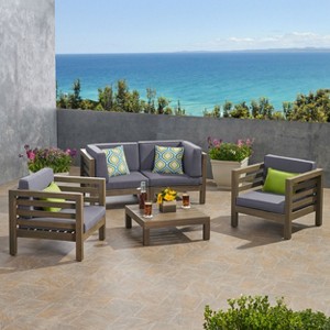 Christopher Knight Home Rachel Outdoor 5 Piece Acacia Wood Conversation Set with Coffee Table and Cushions - 1 of 4
