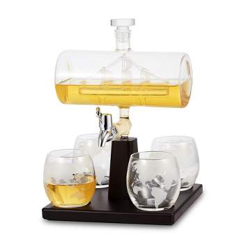 Berkware Whiskey Decanter Set with Interior Hand-Crafted Ship-in-a-Bottle Design - 34oz with 4 10oz Globe Glasses