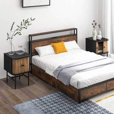 Set of 2 Black and Natural Wood Nightstands with Sliding Doors